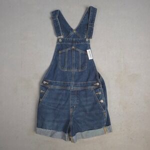 Old Navy Denim Shortall Overalls Women Size S Blue Jean Cuffed Raw Hem